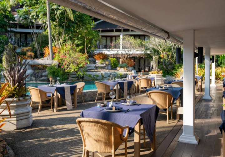Outdoor seating area at our all-day restaurant near Kamala Beach