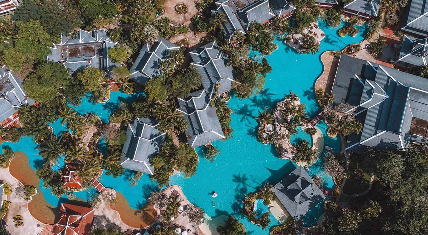Aerial view of Lagoon pool rooms zone